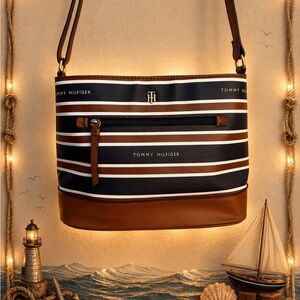 Tommy Hilfiger Navy and Brown Striped Bag
